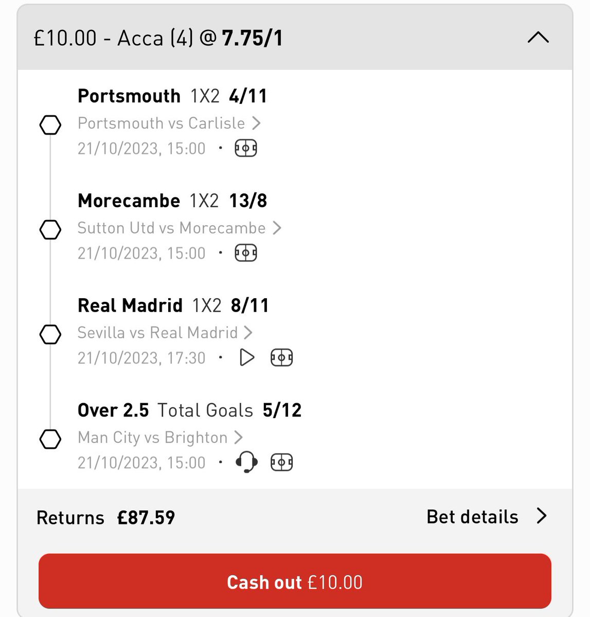 Today’s mixed acca - 7.75/1 🏴󠁧󠁢󠁥󠁮󠁧󠁿 Portsmouth to win 🏴󠁧󠁢󠁥󠁮󠁧󠁿Morecambe to win 🇪🇸Real Madrid to win 🏴󠁧󠁢󠁥󠁮󠁧󠁿Man City V Brighton - over 2.5 goals £10 returns £87.59‼️💸 Sign up to the link below to grab yourself £20 in free bets 👇👇 bit.ly/3ZRhSR6 18+ Play Safe, BeGambleAware.