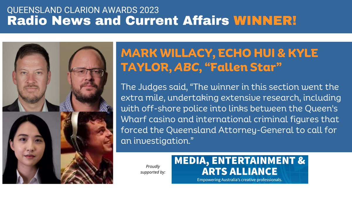 Congrats to Radio News and Current Affairs winners Josh Robertson, Mark Willacy, Echo Hui and Kyle Taylor, from the <a href="/abcnews/">ABC News</a> - their investigation exposed deep organised crime links with an owner of Brisbane’s multibillion-dollar Queen’s Wharf casino.
#ClarionAwards23 <a href="/withMEAA/">MEAA</a>