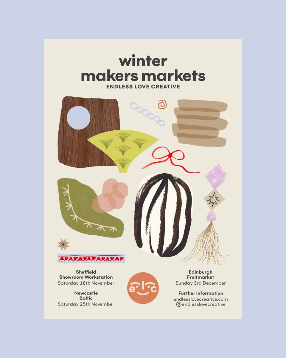 134 makers across 3 markets, join us this festive season for magical, inspirational and vibrant design, from both emerging and established makers. We'll be @theworkstation , @balticgateshead and @fruitmarket Find out more below endlessloveceative.com Artwork @hanvalentine_