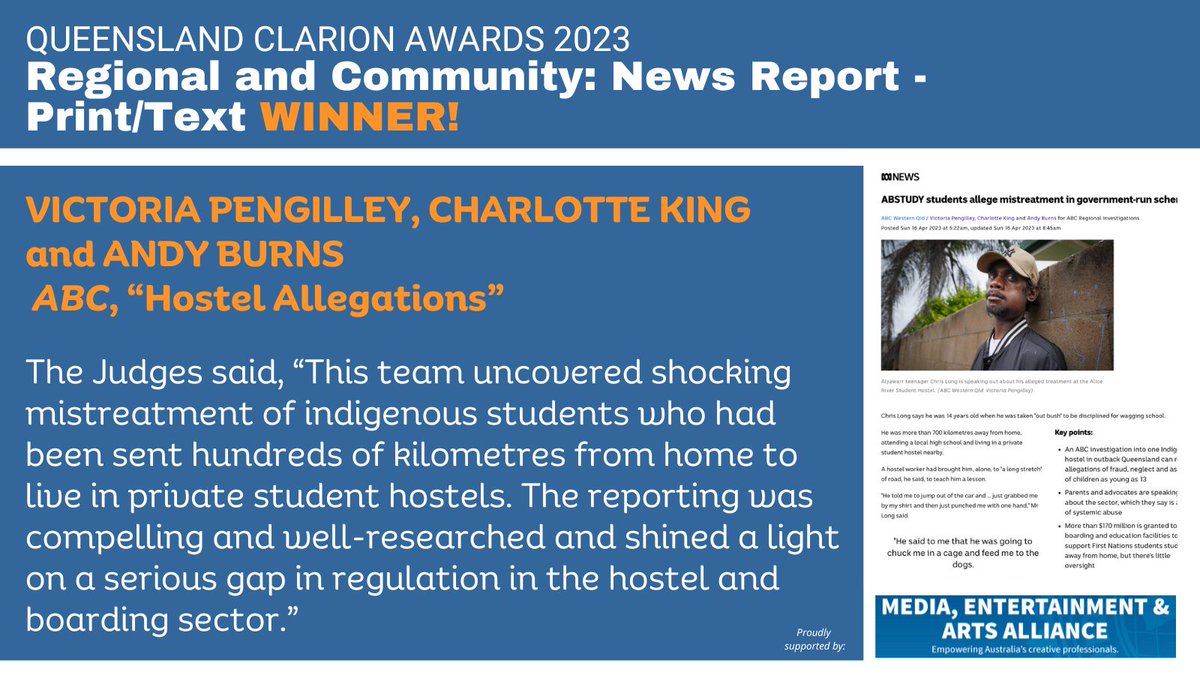 walkleys's tweet photo. Victoria Pengilley, Charlotte King and Andy Burns, from @abcnews, are the winners of the Regional and Community: News Report - Print/Text category. Congratulations, everyone! 
 #ClarionAwards23 @withMEAA @vicpengilley https://t.co/43RbKxepPk