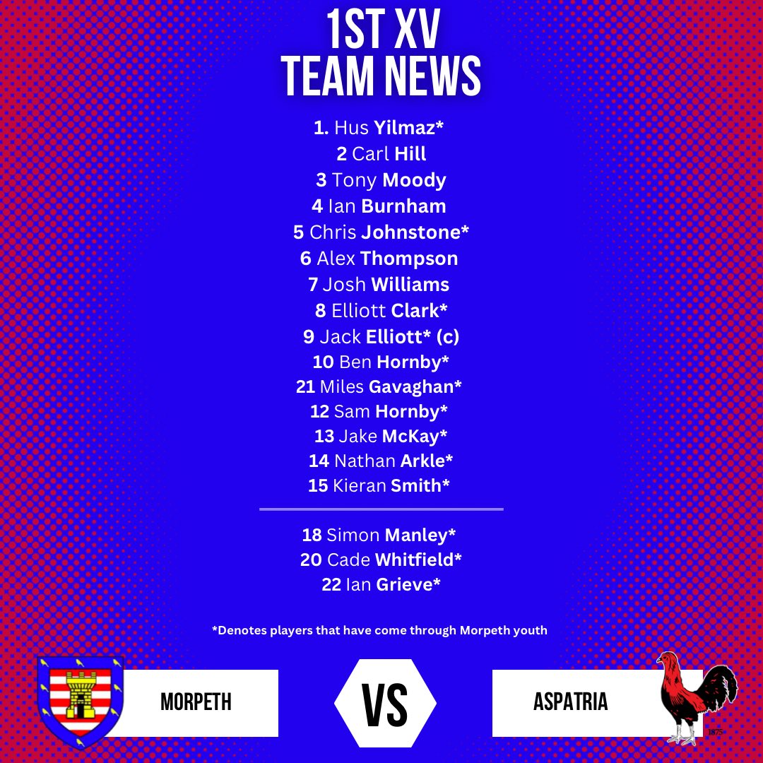 MorpethRFC's tweet photo. 🚨Team News🚨
1st XV - @TheBlackReds (A) 3PM
2nd XV - @billinghamrufc (A) 2:15PM
Team sheets are as follows #mightypeth https://t.co/SRdIJ0bwwT