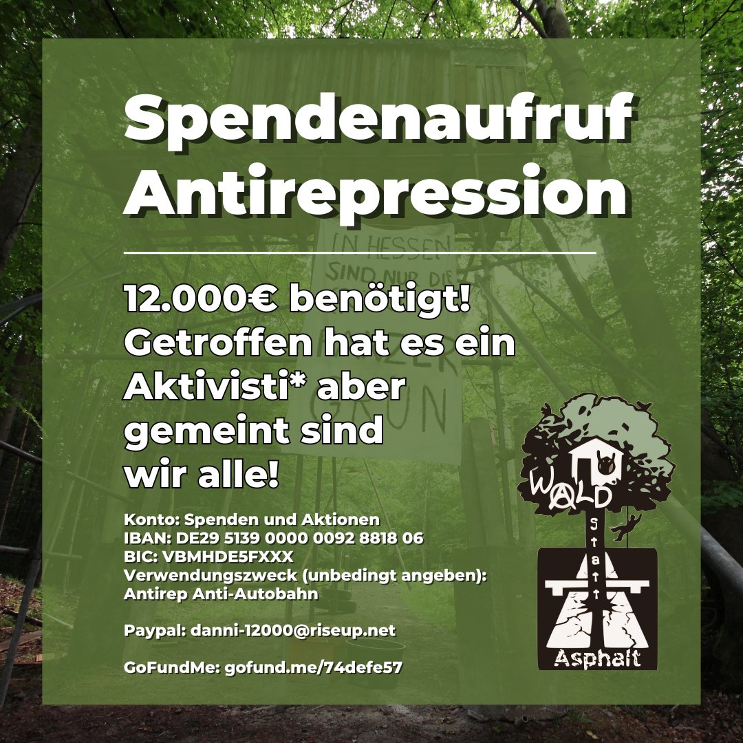 Spendenkampagne um Repressionen gegen Anti-Autobahn-Aktivisti* aus dem Danni solidarisch zu tragen.
Ein Aktivisti* aus dem Danni wurde mit Repressionskosten von 12.000€ belastet.
Mehr dazu im Blog:
waldstattasphalt.blackblogs.org/2023/10/21/spe…
#keinea49 #dannibleibt