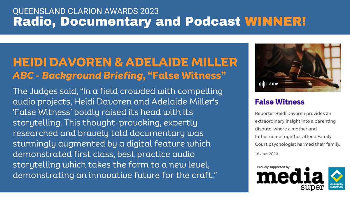 ClarionsQLD (@qldclarions) on Twitter photo The Radio, Documentary and Podcast winners … <a href="/heididavoren/">Heidi Davoren</a> and Adelaide Miller, from <a href="/abcnews/">ABC News</a>. Special thanks to our National <a href="/withMEAA/">MEAA</a> Clarion Awards Partner <a href="/MediaSuper/">Media Super</a>, the super fund dedicated to the print, media, entertainment, arts & creative industries.
#ClarionAwards23 The Radio, Documentary and Podcast winners … <a href="/heididavoren/">Heidi Davoren</a> and Adelaide Miller, from <a href="/abcnews/">ABC News</a>. Special thanks to our National <a href="/withMEAA/">MEAA</a> Clarion Awards Partner <a href="/MediaSuper/">Media Super</a>, the super fund dedicated to the print, media, entertainment, arts & creative industries.
#ClarionAwards23