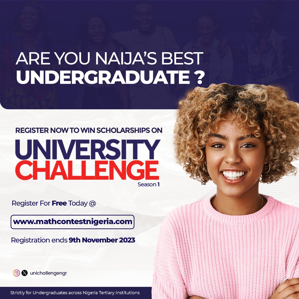 MathcontestNig's tweet photo. Dive into the world of intellect and knowledge as Nigeria's undergraduates from 1st to 3rd year put their minds to the ultimate Challenge of wits and knowledge! #NigerianIntellects #UniversityChallenge 
#STEM #Math #competition #university  #NUC #education #scholarships https://t.co/B6c1Z44TiU