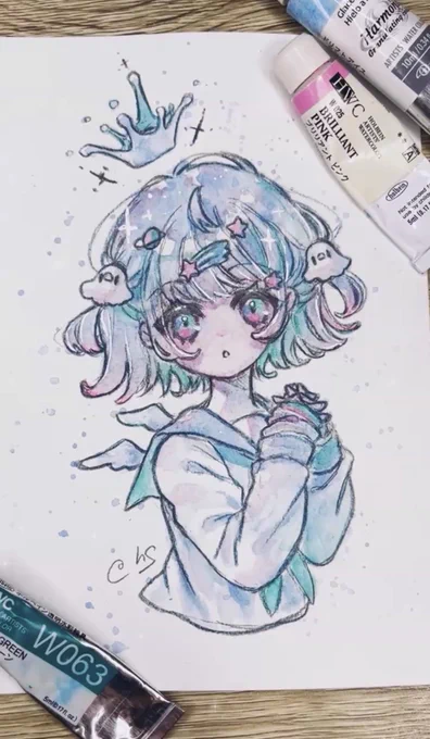 本日の動画アップ! 【透明水彩メイキング】3色の絵の具だけで女の子を塗る ▷  絵の具3色だけで塗ってみました #すみれのアとり絵 #透明水彩