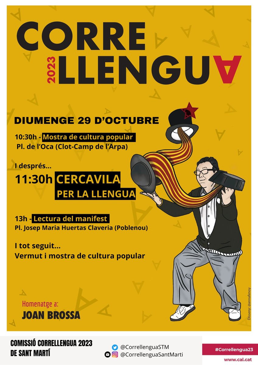 ➡️ El proper DIUMENGE #29O ens veiem al #Correllengua23 🏃🏻‍♂️, en el qual trobareu diverses mostres de cultura popular (gegants, ball de bastons, etc.) i una cercavila del #ClotCampDelArpa al #Poblenou.

📍 Inici: 10:30 a la pl. de l'Oca.

No hi falteu! 😉
#CorrellenguaSantMartí23