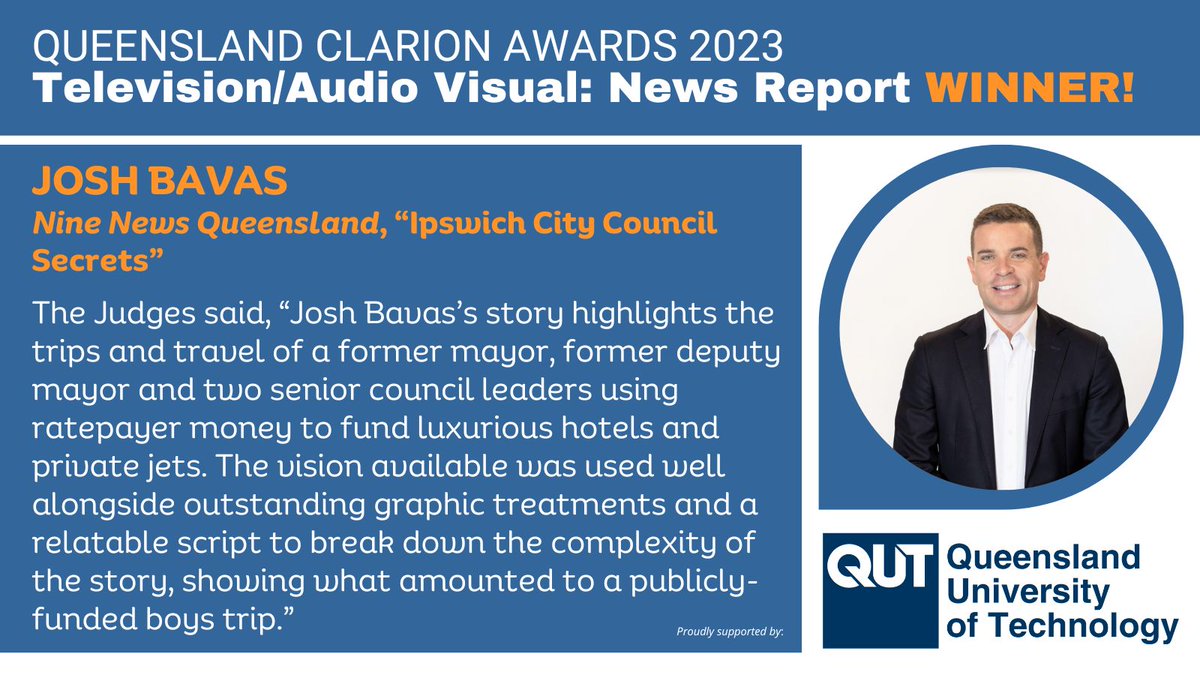 walkleys's tweet photo. And the Television/Audio Visual: News Report winner is … @9NewsQueensland  reporter @JoshBavas. With thanks to category sponsor Queensland University of Technology.
#ClarionAwards23 @withMEAA @QUT https://t.co/my0zrNXfLT