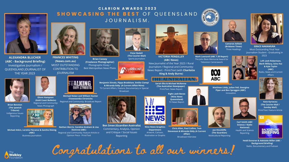 A huge congrats to all of our wonderful Queensland Clarion Awards winners and runners up. You are a great credit to the profession. Visit MEAA's website - bit.ly/42Dcv7R - for all judges’ comments. Goodnight!👋
#ClarionAwards23 <a href="/withMEAA/">MEAA</a>