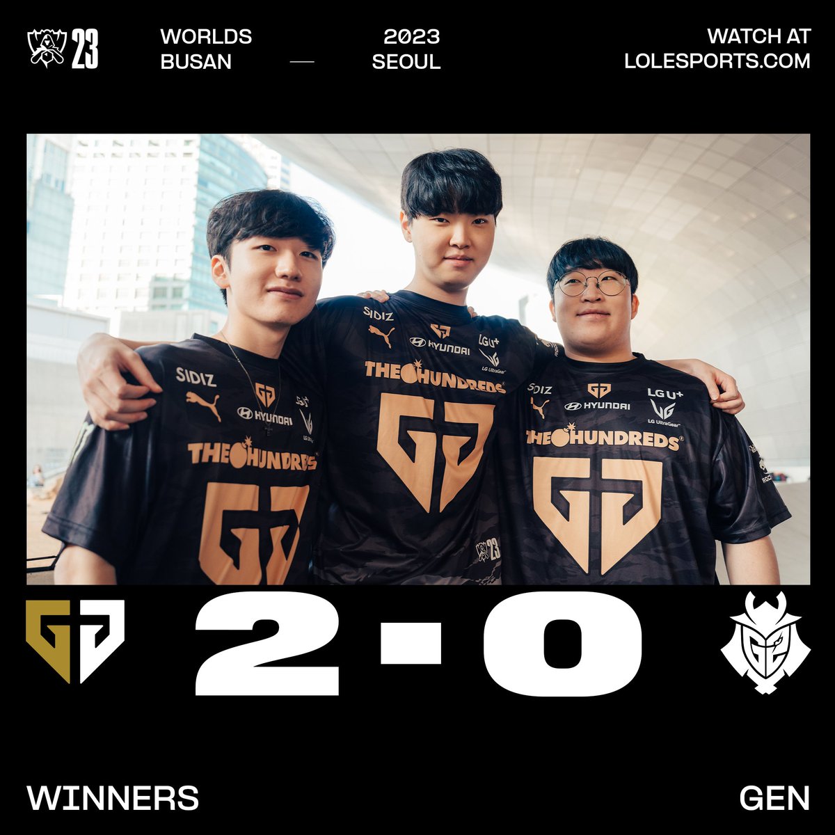 lolesports's tweet image. WELCOME TO QUARTERS:

@GenG advance to the #Worlds2023 Knockout Stage with a flawless record!