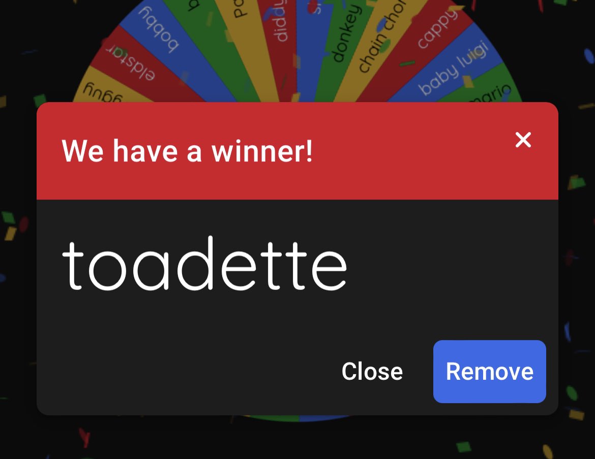 marionites's tweet photo. The wheel of luck have chosen TOADETTE! So cross that out guys! https://t.co/KLGb82GQMv