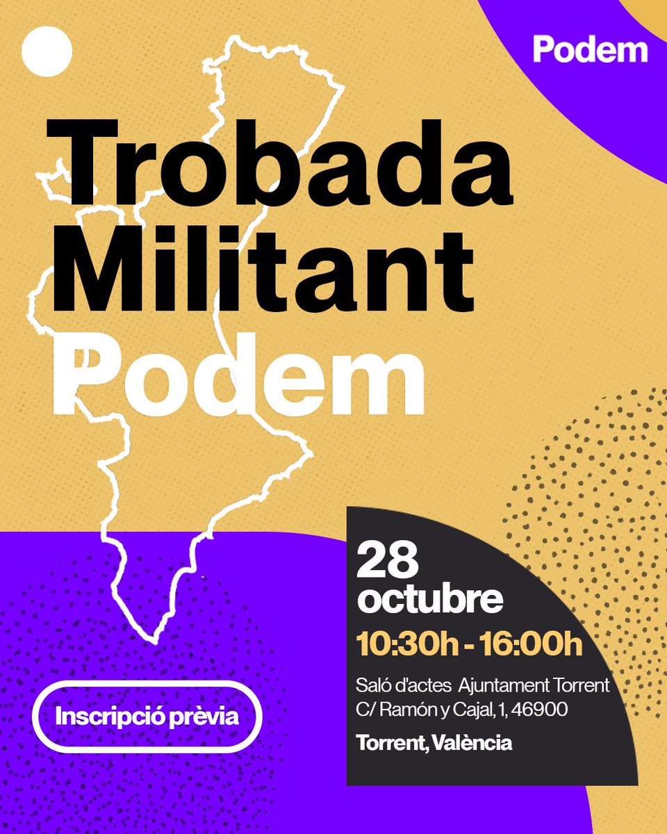 Podem_'s tweet photo. El pròxim dissabte 28 d'octubre ens veiem tots i totes en la Trobada Militant de Podem.

📍Sala d'actes de l'Ajuntament de Torrent (Carrer Ramón y Cajal 1, 46900. Torrent, València)
🗓 Dissabte 28 de octubre 
⏰ 10:30h - 16:00h
 
Us Esperem! 💜 https://t.co/EFuNIqGGE3
