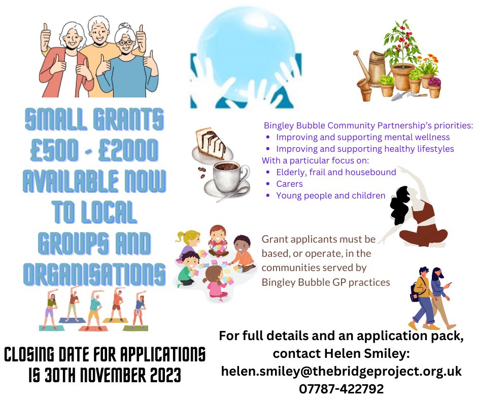 BingleyBubbleCP's tweet photo. Bingley Bubble Community Partnership are looking to issue a number of small grants - to local groups and individuals, who can deliver project work relating to one or more of Bingley Bubble CPs priorities, within one or more parts of the Bingley Bubble CP area

Please see below 👇🏽 https://t.co/NNXAo6d4du