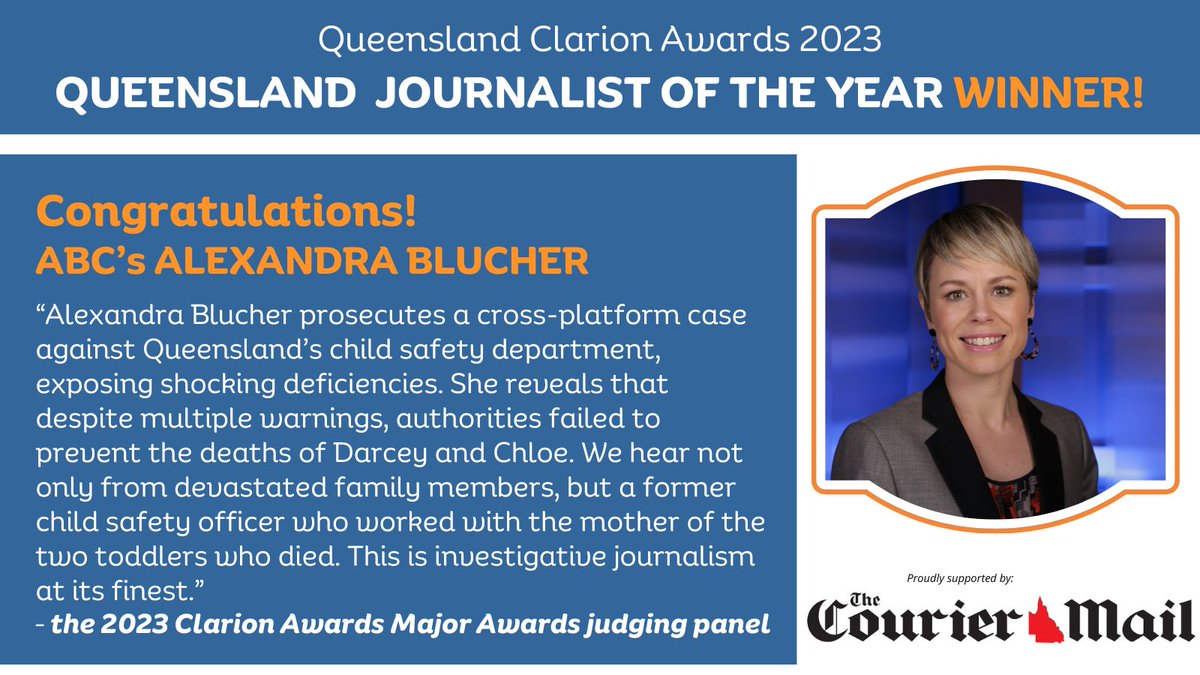 walkleys's tweet photo. Here's what the judges had to say about Queensland’s 2023 Journalist of the Year. Well done Alexandra Blucher!
#ClarionAwards23 @couriermail @withMEAA @alexblucher @abcnews @BackgroundBrief https://t.co/LITUgHB47o
