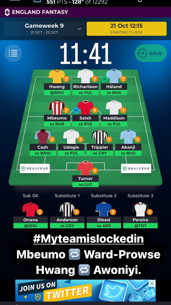 FplBilardi's tweet photo. #Myteamislockedin #Fantasypremierleague #Rollingthetransfer #andfinally #RealFevr #englandfantasy
Mbeumo 🔁 Ward-Prowse
Hwang 🔁 Awoniyi.
#Bestoflucktoeverybody👍
For #gameweek9 https://t.co/MH9IpBrdTH