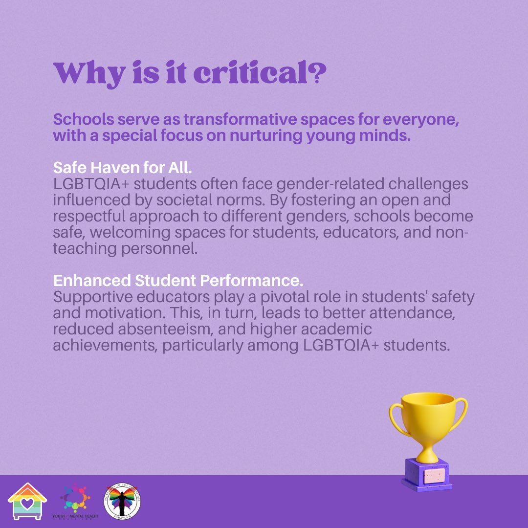 Advocating for #InclusiveSchoolsPH, we want to highlight that schools should be promoting mental wellness too 🧠🌈

How can gender-inclusivity impact education and mental health? Learn more about these below.

#Y4MH #HelpIsHere #MoveForMentalHealth