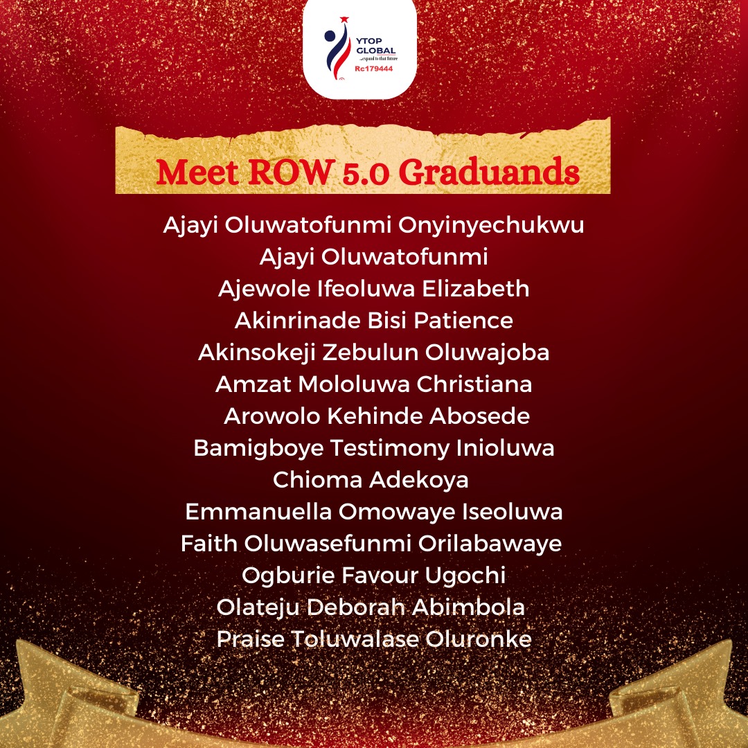 ekundayo_dami1's tweet photo. We've wrapped up ROW 5.0 - an amazing virtual bootcamp. 🥳 A big shoutout to our warriors for making this journey unforgettable! 🙌
Started with 30, graduated 20 leaders. It's not the end; we're just getting started! Stay tuned for more updates. 💪 #ROW5 #Leadership @YTOPGLOBAL https://t.co/tY3q38udj7