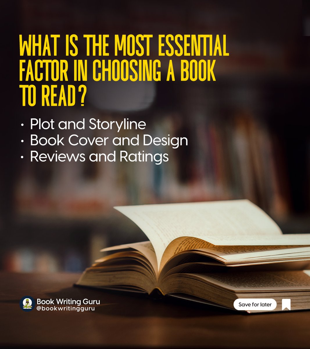 BookWritingGuru's tweet image. We want to know what our audience looks for in a good book! Cast your vote and let us know what&apos;s the most important factor to you.

#bookwritingguru #bookwritingtips #booklaunch #bookwriting #writersofinstagram #writing #bookstagrammer #writingtips #bookpublishing