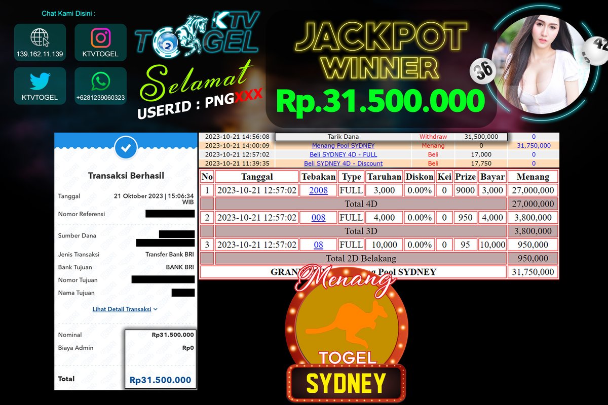 AgenKtv's tweet photo. LAGI LAGI JEBOL !!!  
Jackpot Player KTV TOGEL di Pasaran SYDNEY sebesar 31 JUTA !!!  pada tanggal 21 Oktober 2023      

Daftar Langsung di https://t.co/ktW2UYYo8m https://t.co/m4qK4EqHvC