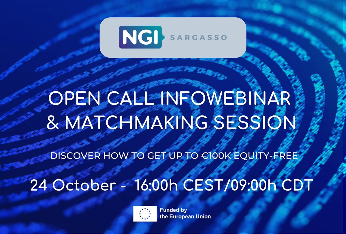 🔎 NGOs & foundations interested in shaping #futureInternet, #NGISargasso is looking for you! Join our #opencall webinar & matchmaking session 🇪🇺+🇺🇸/🇨🇦 to get up to €100K equity-free. 📅 24 Oct. - 16:00 CEST/09:00 CDT Register now 👉 ow.ly/WOwU50PY3zh #fundingprogram