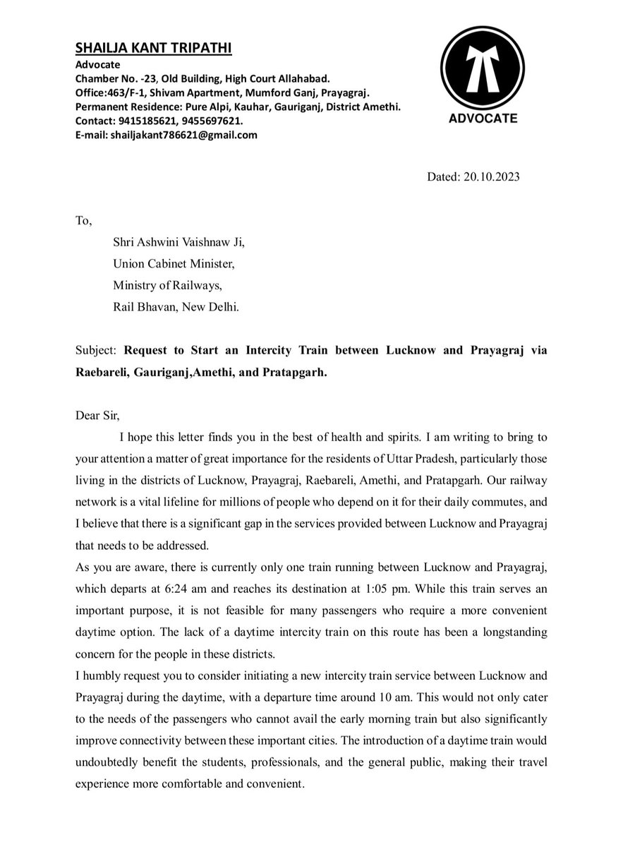 ShailjakantTri's tweet photo. I humbly request you to consider initiation of a new intercity train service between Lucknow to Prayag via Raebareli, Gauriganj , Amethi and Pratapgarh railway stations.
@RailMinIndia 
@AshwiniVaishnaw 
@smritiirani https://t.co/07c5ag7yXy