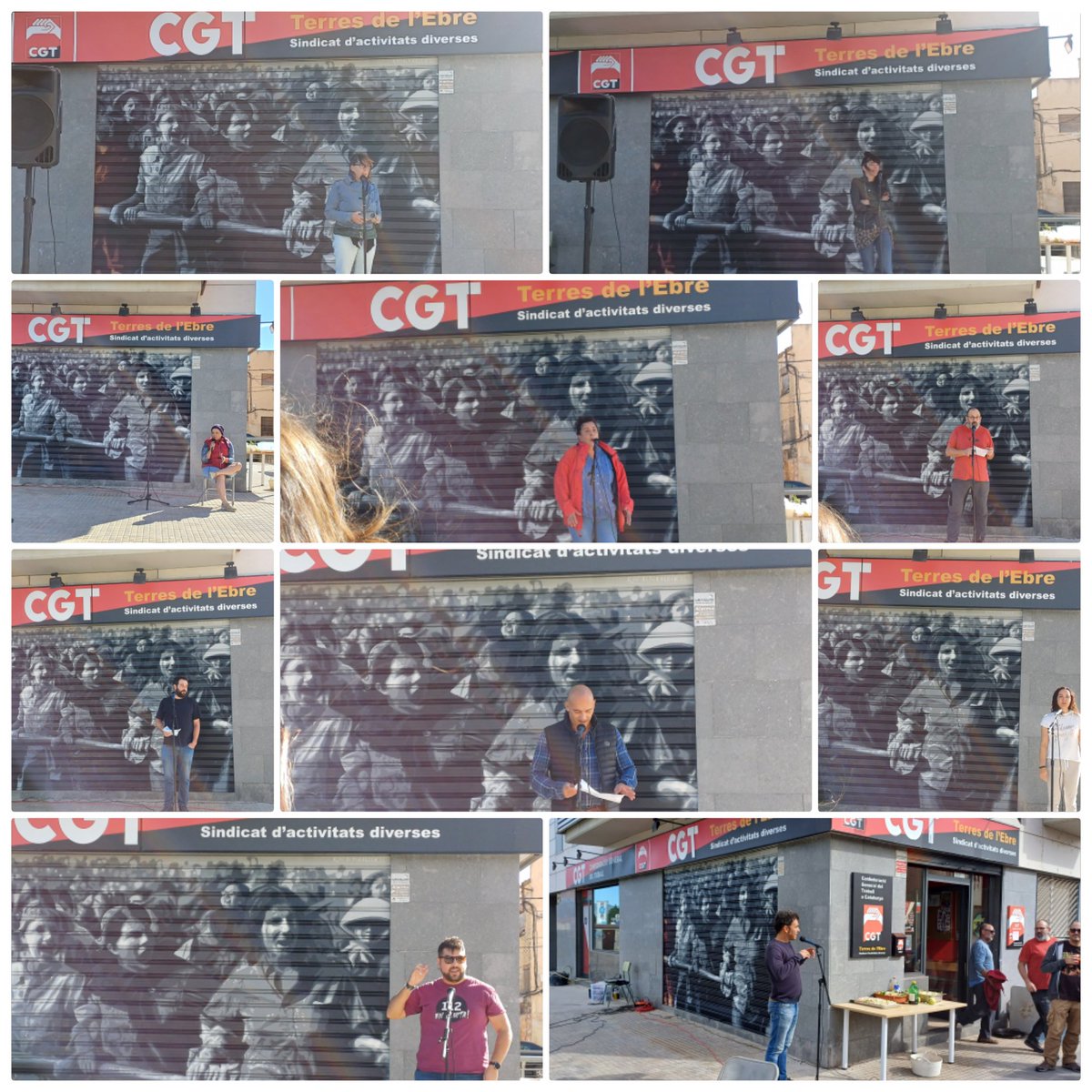 marta_minguella's tweet photo. Magnífica inauguració de la nova seu de @cgt_ebre amb moviments socials del territori @vergonyam @PDE @PAHEbre @VagaFeministaTE, intervencions  @CGTEnsenyament, @CGT_Ambulancias, el 
@comite112 i @moner80 de
@CGTCatalunya,  amb un gran mural de fons de 
@rocblackblock https://t.co/T5A5Uv3ScD