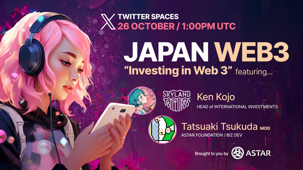 Want to learn more about the web3 investment and VC landscape in Japan?

Tune in for our Web3 Japan space featuring <a href="/ojoknek/">ＫＯＪＯ</a> from <a href="/skylandvc/">Skyland Ventures Official</a>, a leading Seed Investment Firm, moderated by <a href="/TatsuatTokyo/">Tatsu @ Soneium & Startale 💿</a> for new insights. 💡

📆 Oct 26th at 1:00 PM
📍 x.com/i/spaces/1mrGm…