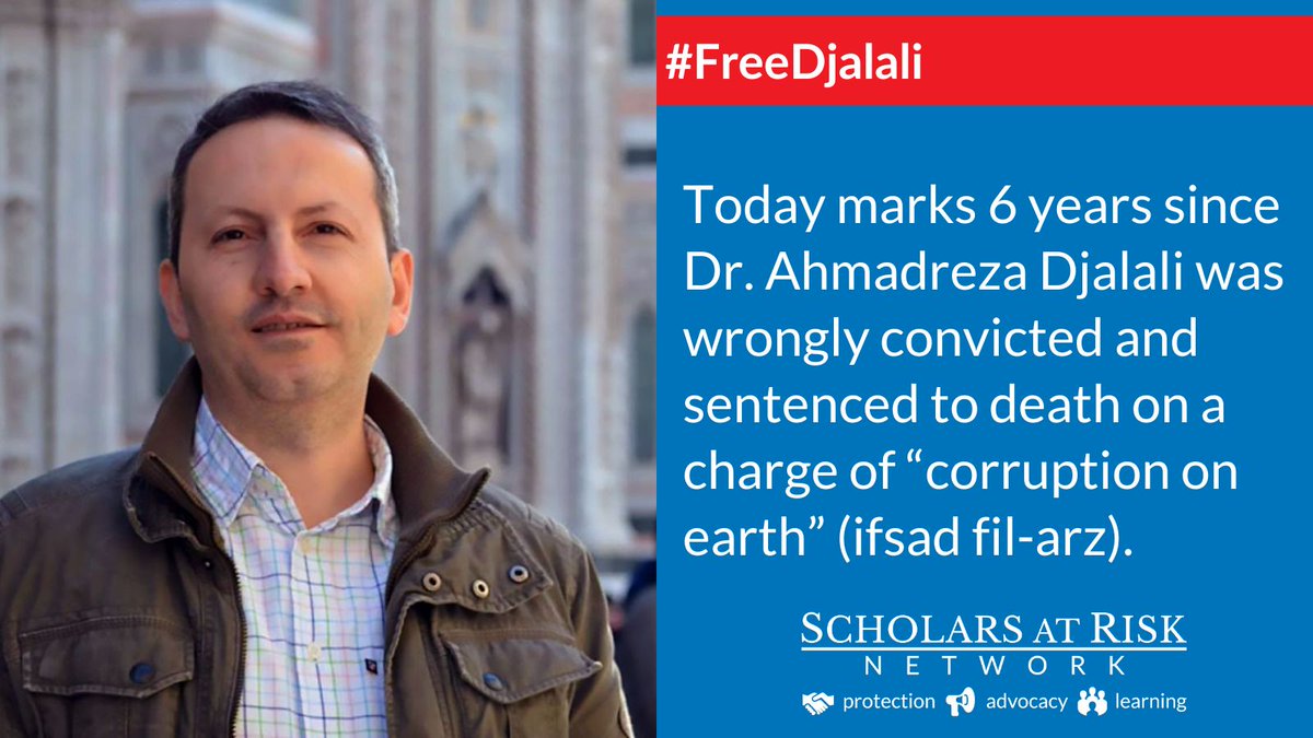 ScholarsAtRisk's tweet photo. #Iran: Today marks 6 years since Dr. Ahmadreza Djalali, a scholar of disaster medicine, was wrongly convicted. He is continually denied proper medical care and is at risk of immediate execution. #FreeDjalali

Take action now: https://t.co/lsbauV4WjR https://t.co/viBhXjkjwC
