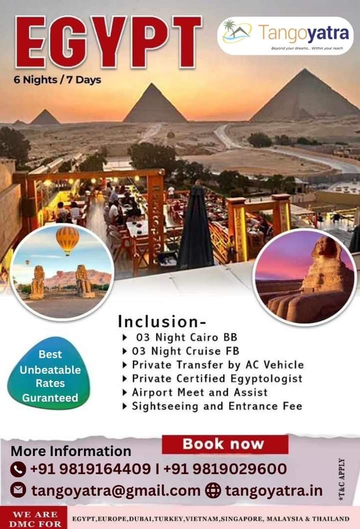 tangoyatra's tweet photo. Explore the Mystical Egypt! 6 Nights / 7 Days Adventure 🏜
Join our unforgettable Egypt tour with Tango Yatra.
3 nights in Cairo BB, 3 nights on a cruise FB
📞 For unbeatable rates contact us at 098191 64409 or +91 9819029600 https://t.co/fecz98V8L0 
#egypttour #Egypt #travel https://t.co/g8DIghAPfW