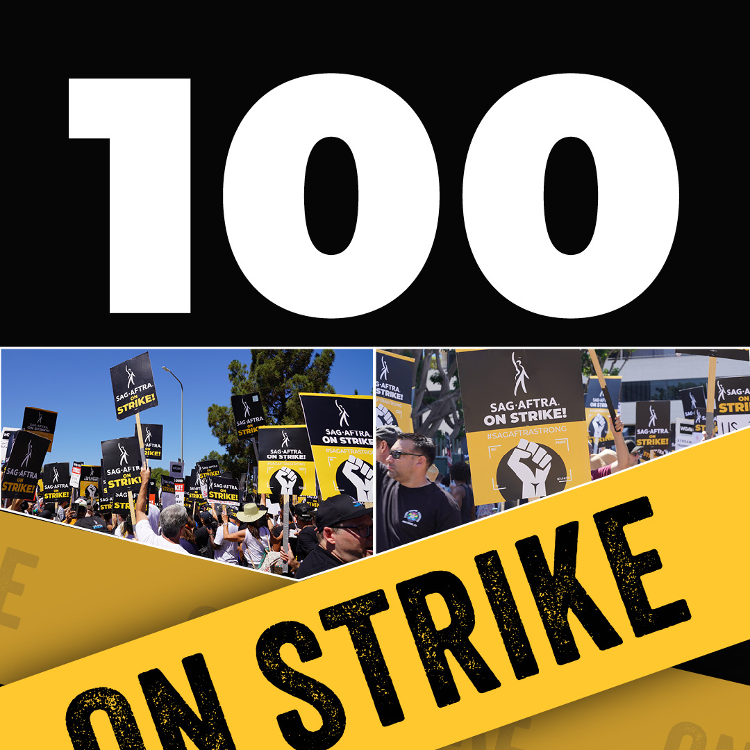 DAY 100 of #SagAftraStrike. The sacrifices have been many, from #SagAftraMembers, strike captains, IATSE, Teamsters & Basic Crafts union members, & everyone in this industry. We must win this fight. With unwavering resolve & solidarity, we remain #SagAftraStrong. #100DaysStronger