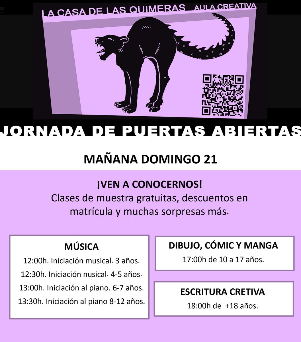 MariaEspejo_I's tweet photo. Programación del domingo en nuestras jornadas de puertas abiertas ¡Ven a conocernos! Estamos en la zona de Cuatro Caminos. Para inscribirte a las clases de muestra gratuitas WhatsApp al 699 286 916. https://t.co/svynahsSqw