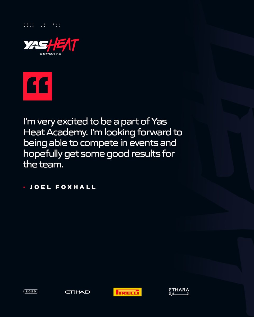 YAS Heat Esports (@yasheatesports) on Twitter photo What our second Yas Heat Academy driver, <a href="/joel_foxhall/">Joel Foxhall</a>, thinks; ahead of a busy month of competitions. Let's do this 😎
<a href="/Pirelli/">Pirelli</a> <a href="/etihad/">Etihad Airways</a> @EtharaOfficial
#BringTheHeat What our second Yas Heat Academy driver, <a href="/joel_foxhall/">Joel Foxhall</a>, thinks; ahead of a busy month of competitions. Let's do this 😎
<a href="/Pirelli/">Pirelli</a> <a href="/etihad/">Etihad Airways</a> @EtharaOfficial
#BringTheHeat