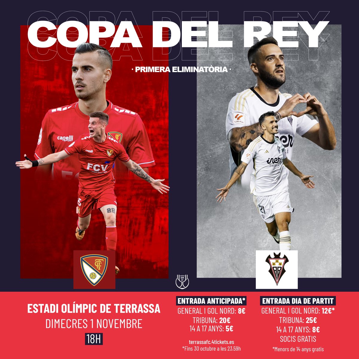 TerrassaFC's tweet photo. 💥🏆 #COPADELREY 🏆💥

📆 𝗗𝗜𝗠𝗘𝗖𝗥𝗘𝗦, 1️⃣ de novembre ‼️
🏟️ Estadi Olímpic de #Terrassa ❗
🆚 @AlbaceteBPSAD ‼️
⌚ 18h🕕 ❗

➕ INFO PREU ENTRADES ‼️
👉 https://t.co/mRYeuSY1XU

🔜 MOLT AVIAT engeguem la venda anticipada ‼️
📲 https://t.co/r1cYXgoDIe

🏆💣💥 #LaCopaMola https://t.co/VYkkwpCGGe
