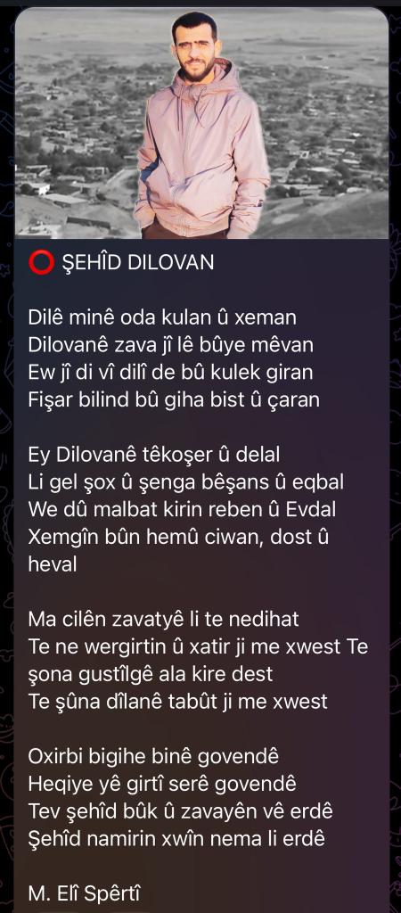 Her hebî mamosta ji bo ku we tercumaniya hestên meyên bi êş kiriye...

⭕️ ŞEHÎD DILOVAN

Dilê minê oda kulan û xeman Dilovanê zava jî lê bûye mêvan 
Ew jî di vî dilî de bû kulek giran 
Fişar bilind bû giha bist û çaran

M. Alî Spêrtî