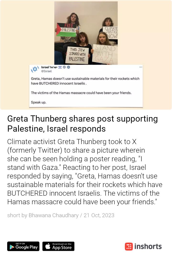 Tickle2Politikl's tweet photo. True that @Israel .. but likes of  @GretaThunberg thrive on publicity.. they are just a creation of media hype.. and supporting you definitely wouldn't get that... https://t.co/SYKDFjjDc0