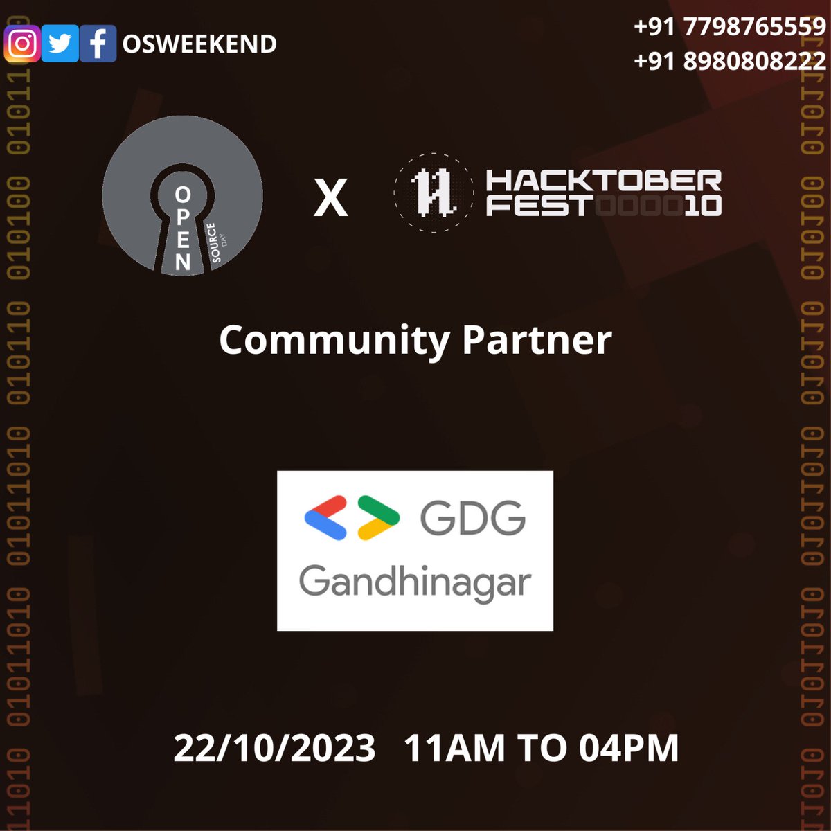 OSWeekend's tweet photo. Open Source Day X Hacktoberfest
Thank you @GDG_Gandhinagar for supporting us
Date: 22/10/2022
Time: 11.00 AM to 04.00 PM
Venue: DevX, Ahmedabad
Register Now: https://t.co/Nc4Y4aJSDE
#OpenSource #OpenSourceWeekend #OSWeekend #OSW #OSWGujarat #Hacktoberfest #opensourcetalk https://t.co/Ag8mbKurcr