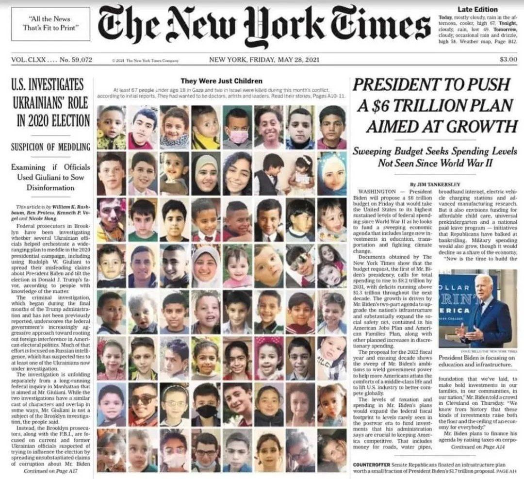 SprinterPress's tweet photo. New York Times front page pictures of Palestinian children killed by the Israeli attacks https://t.co/oHpTSRWJVG