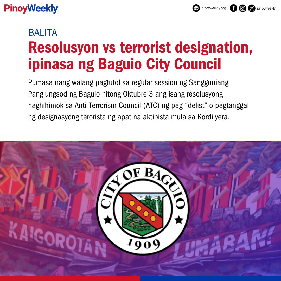 Ayon kay <a href="/CPA_Cordillera/">Cordillera Peoples Alliance</a> spokesperson Ned Tuguinay, kakaibang tapang ang ipinakita ng Sangguniang Panglungsod ng Baguio sa pag-apruba sa ganitong klaseng resolusyon.

BASAHIN: tinyurl.com/2337yeh6 🔗