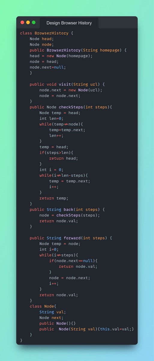 Imbhavaniprasad's tweet image. DSA #dailycodechallenge
#108 Design Browser History
Easy to approach
#DSAWithKunal #100daysofcoding #linkedlist #leetcode