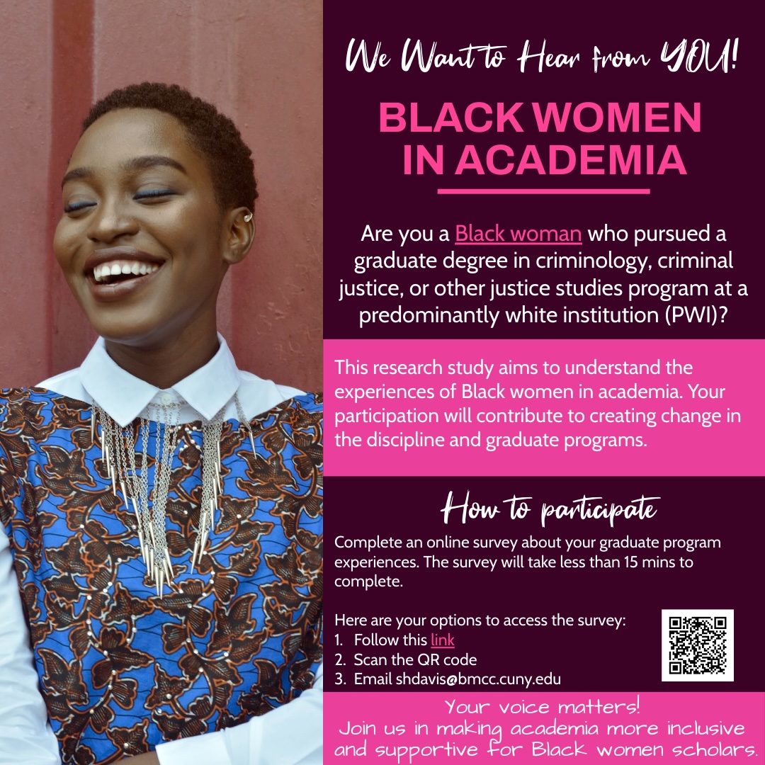 Your voice. Your perspective. We want to shine a light on Black women's experiences in #academia, specifically those in justice-related disciplines. Scan the QR code. We appreciate your support! 🫶🏾 Please share! #crimtwitter #citeblackwomen #ASCRIM41 #ASCDPCC #ASCFemCrim