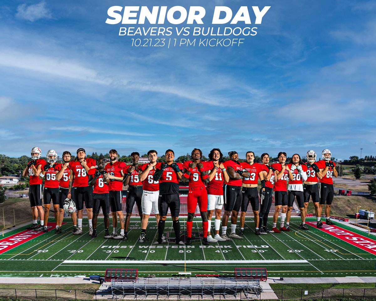 Senior day, 2023 👨‍🎓 
It’s game day Beavers!! 🦫🏈🟥⬜️
1:00PM Kickoff 🕐 
📍First Western Bank Field
 🏟️ Herb-Parker Stadium. Minot, ND
Watch here: 📱 
nsicnetwork.com/msubeavers/
#WADL #EMAB #SeniorDay