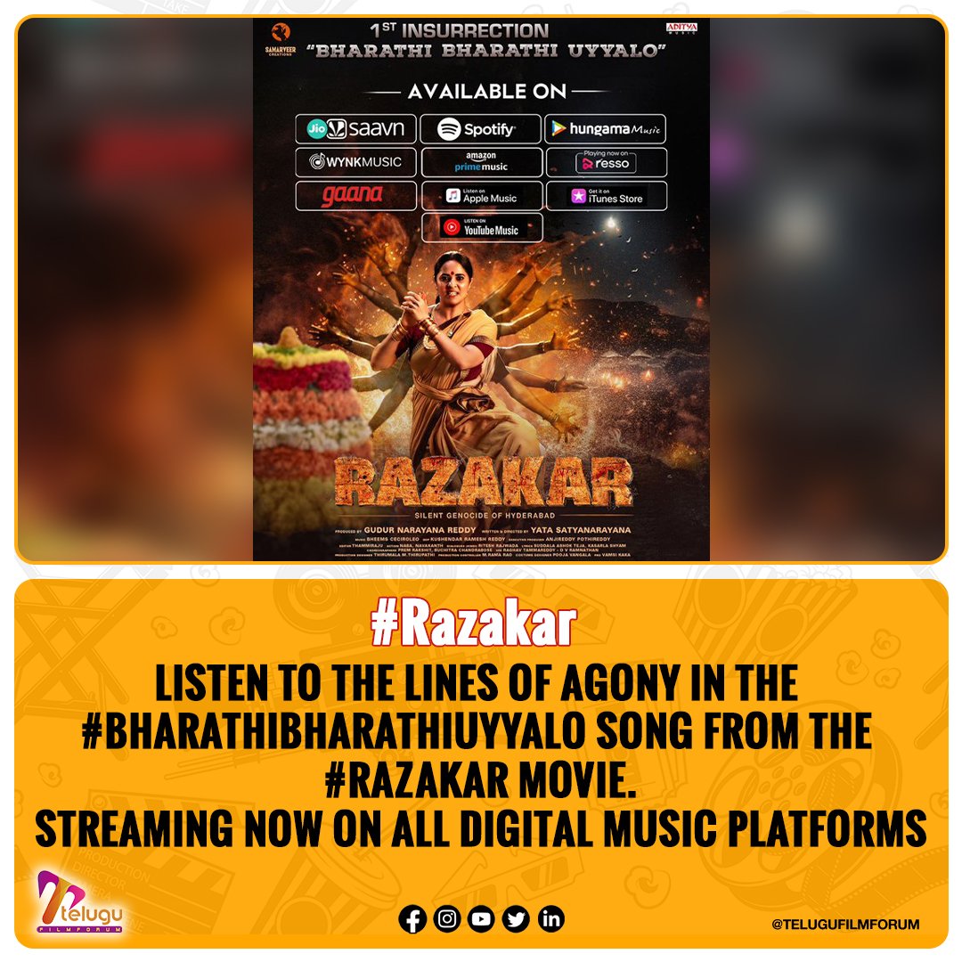 Listen to the lines of agony in the #BharathiBharathiUyyalo song from the #Razakar movie. Streaming now on all digital music platforms @GudurNarayana @yatasatya @anusuyakhasba @actorsimha #BheemsCeciroleo @mohanabhogaraju @lyricsshyam @RKushendar @TheRajArjun @adityamusic