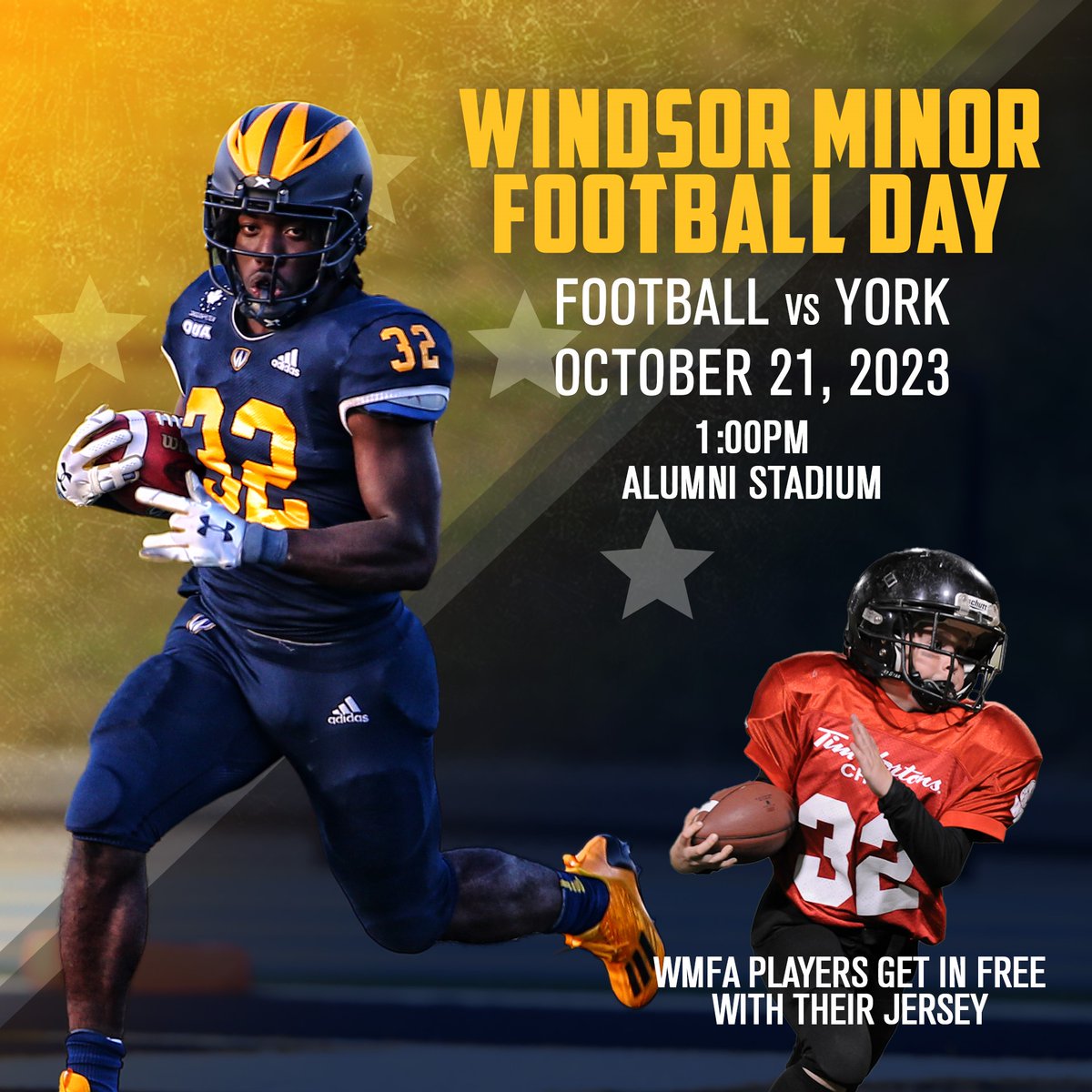 WindsorLancers's tweet photo. Today is Faculty/Staff Appreciation Day, WMFA Day AND Senior's Day! Big day for the blue &amp; gold!

🗓️October 21st
🆚@yorkulions 
🕐1:00pm
📍Alumni Stadium
🎟️https://t.co/Km2BKJA1cf
📺https://t.co/9fw5RGYcJK &amp; @yourtvwindsor 

#LancerFamilyFirst #SeniorsDay https://t.co/QeFfRGPnWA