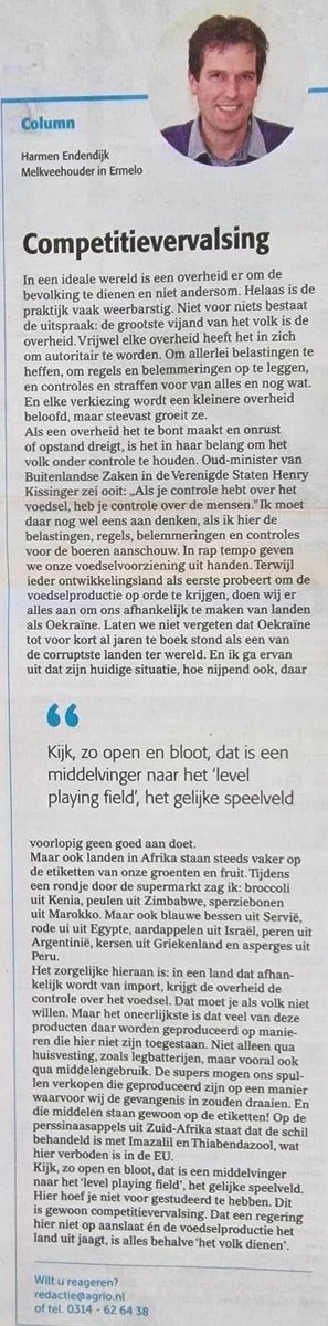 Spot on, echt even lezen! ‘Als je controle hebt over het voedsel heb je controle over de mensen’. Wie heeft er straks controle over ons voedsel…?