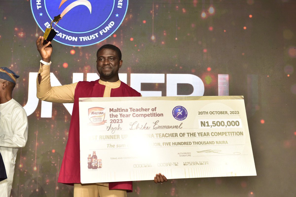 The first runner-up for the 2023 Maltina Teacher of the Year competition, Azuh Chike Emmanuel, from Delta State! 

Congratulations once again <a href="/teacherchike1/">Teacher Chike</a> 

#MTOTY #MaltinaTeacheroftheYear2023 #WeareNB  #NigerianBreweries  #WinningwithNigeria