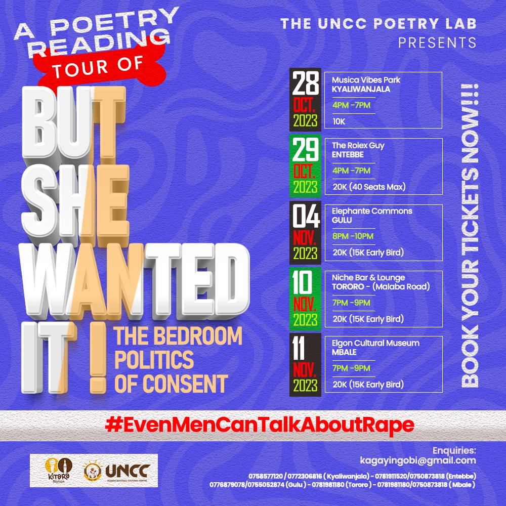 #PoetryUgEvents | Poetry Reading Tour of #ButSheWantedIt

Check the laid out schedule for when the reading is coming to your area.

Cc: @KitaraNationUg @NgobiPoet @UNCC_UG