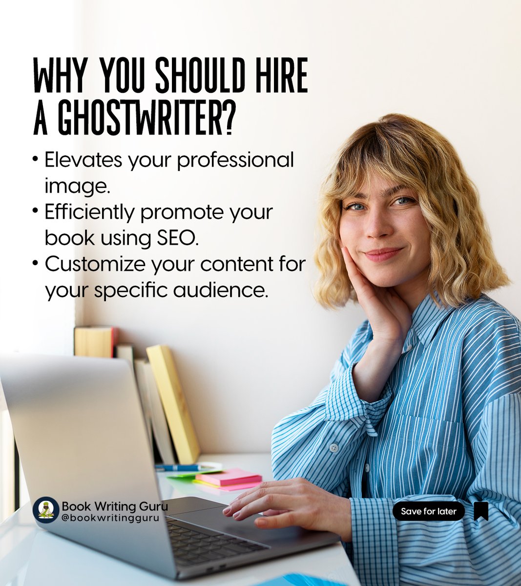 BookWritingGuru's tweet image. Ghostwriters are the secret weapon of successful authors. They can help you elevate your professional image, efficiently promote your book using SEO, and customize your content for your specific audience.

#ghostwriter #bookwritingguru #bookwritingtips #bookpromotion