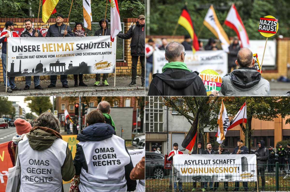 An mehreren Orten in  #Berlin #Reinickendorf zeigte die neonazistische "Heimat"-Partei (Ex-NPD) heute flüchtlingsfeindliche Banner.
Die Propagandaaktionen wurden von zivilgesellschaftlichen Protesten zB von den "Omas gegen Rechts" begleitet. #B2110
Fotos: flickr.com/photos/presses…