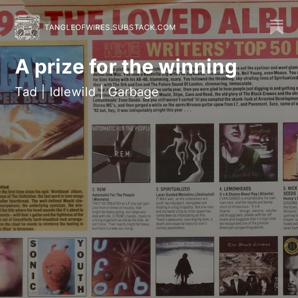 tangleofwires's tweet photo. Lists of 90s indie and alt rock albums, the last pre-internet decade, and using Tad's 8-Way Santa as a coffee substitute 

#music #AltRock #indie #indiemusic #albums #nationalalbumday #Tad #idlewild #garbage #dinosaurjr #substack #newsletter https://t.co/KeZJnfA3Zg