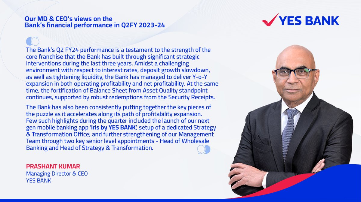 YESBANK's tweet photo. Mr. Prashant Kumar, Managing Director & CEO, YES BANK, shares his views on the Bank’s promising performance during Q2 FY2023-24
#YESBANK #PoisedForGrowth https://t.co/cmA6hYBrdN