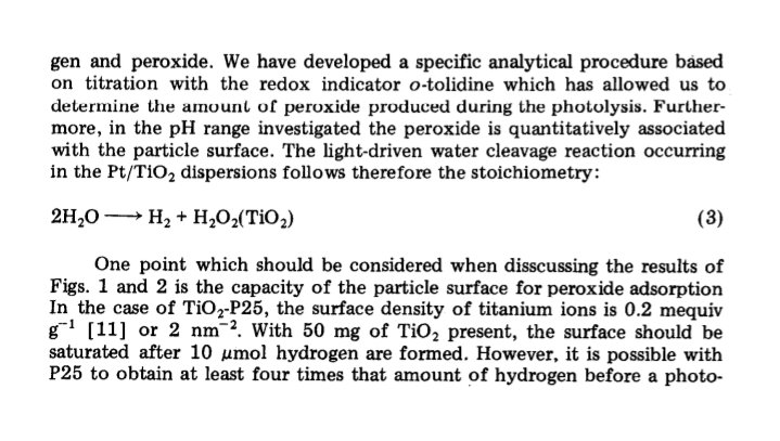 Interesting! As early as 1987, Michael Graetzel observed that photocatalytic water splitting actually produced H2 and H2O2. It's a kinetically favoured 2e- process as compared to 4e- process of water oxdn to O2 which requires a much larger overpotential.
cc: @0130Abdul